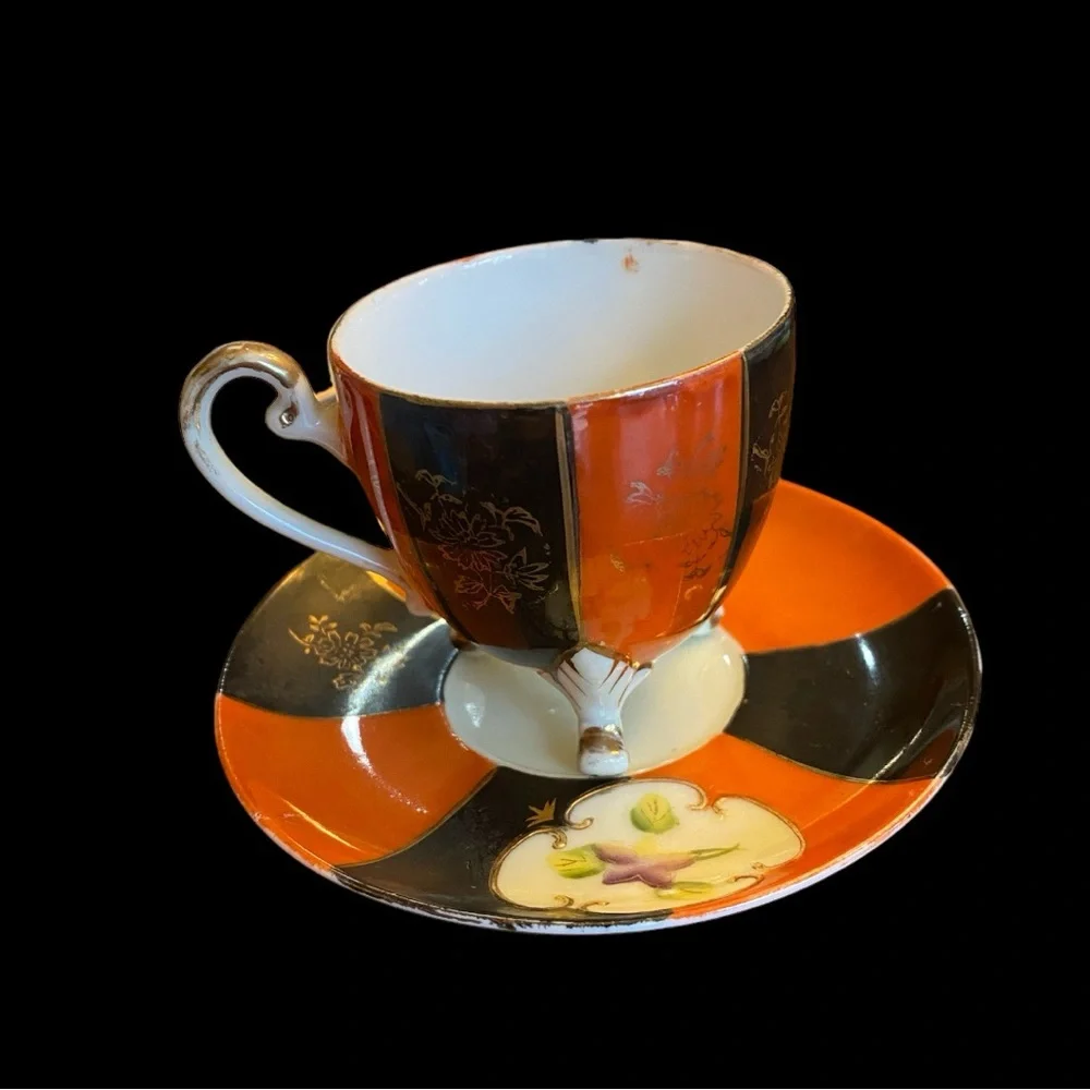 UCAGCO Vintage Footed Demitasse Cup Saucer Set Hand Painted Japan Orange Black